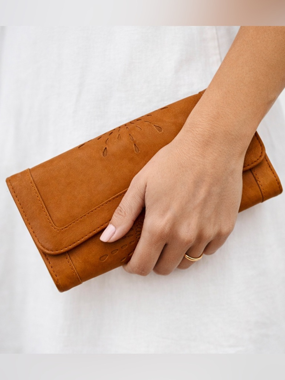 OURBAG Faux Leather Sunflower Trifold Wallet Boho Clutch Brown Cutout Design